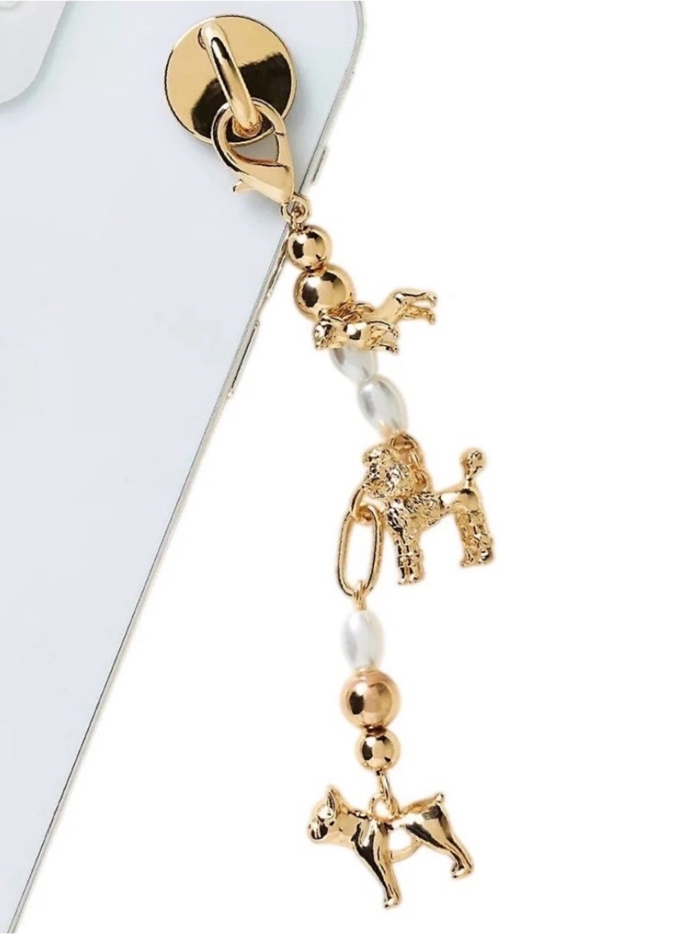 NWT Anthropologie Phone Charm Dog Party Gold Pearls Poodle Bulldog Dachshund